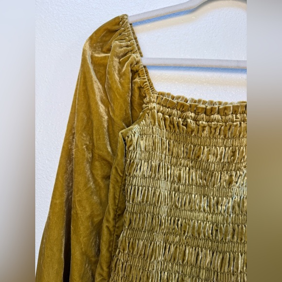 Anthropologie Puff-Sleeved Velvet Smocked Blouse in chartreuse color. - Picture 2 of 8